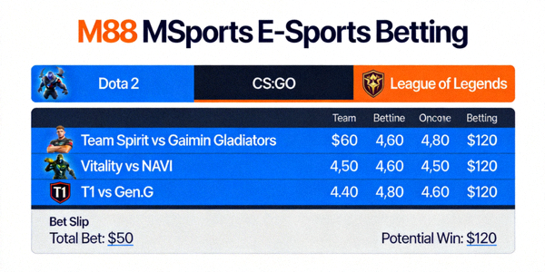 Antarmuka taruhan e-sports M88 MSports untuk game seperti Dota 2, CS:GO, dan League of Legends