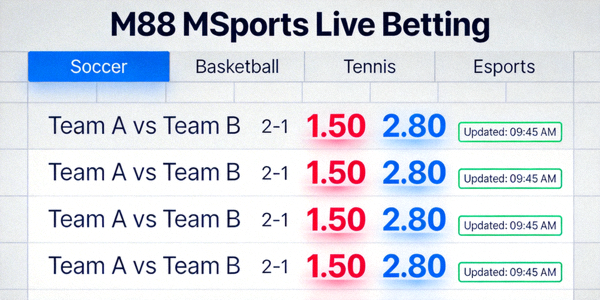 Tampilan live betting M88 MSports dengan odds yang berubah secara real-time
