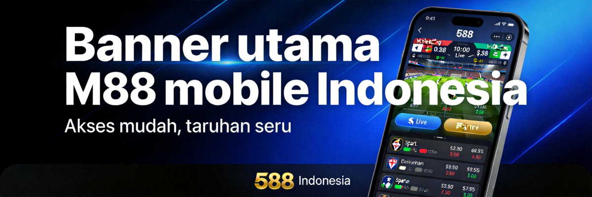 Banner utama M88 mobile Indonesia yang menampilkan antarmuka taruhan di smartphone