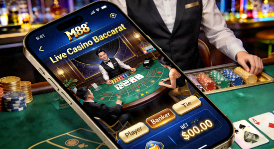 Tampilan permainan live casino Baccarat di smartphone M88 mobile